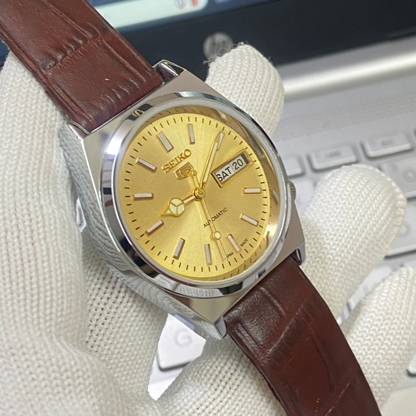 Vintage Seiko 5 Automatic 17 Jewels Cal. 6309 Golden Face Brown Band B80