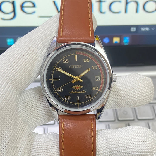 Vintage Citizen Automatic 21 Jewels Black Face Brown Band B81