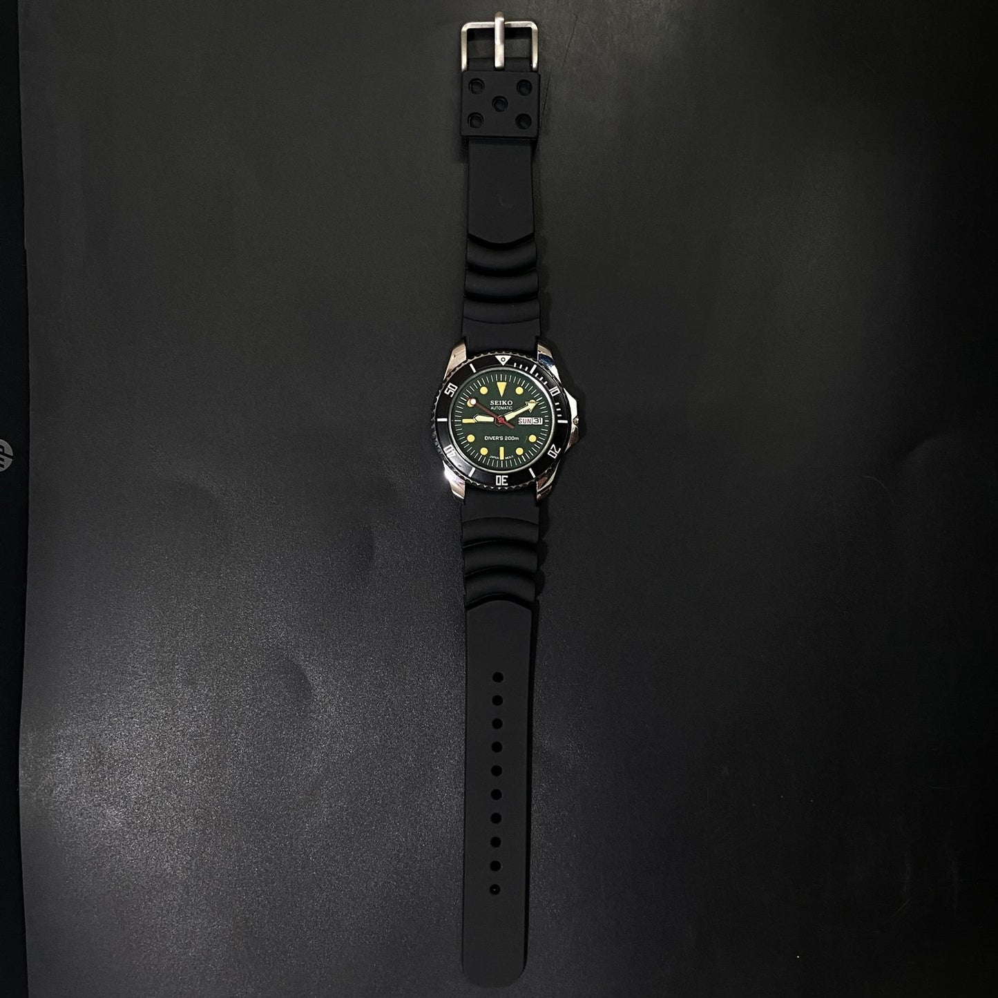 Vintage Seiko Diver Automatic Cal. 6309 17 Jewels Green Face Black Silicone Strap Rotating Bezel Men's Wrist Watch C01