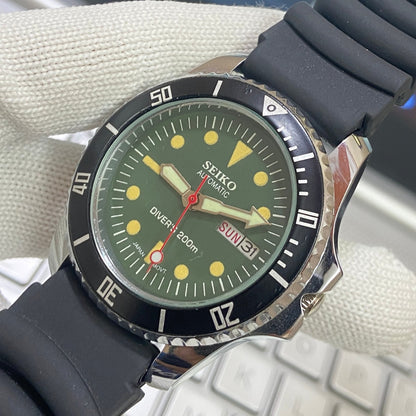 Vintage Seiko Diver Automatic Cal. 6309 17 Jewels Green Face Black Silicone Strap Rotating Bezel Men's Wrist Watch C01