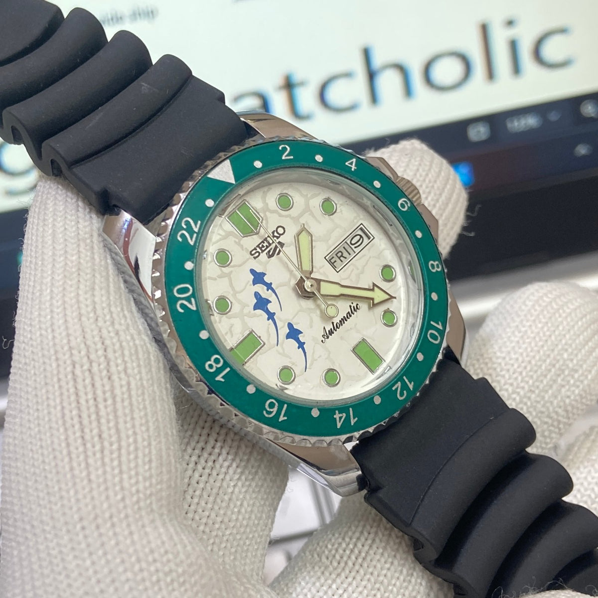 Vintage MOD Seiko Diver Automatic Cal. 6309 17 Jewels White Face Black Silicone Strap Rotating Bezel Men's Wrist Watch C04