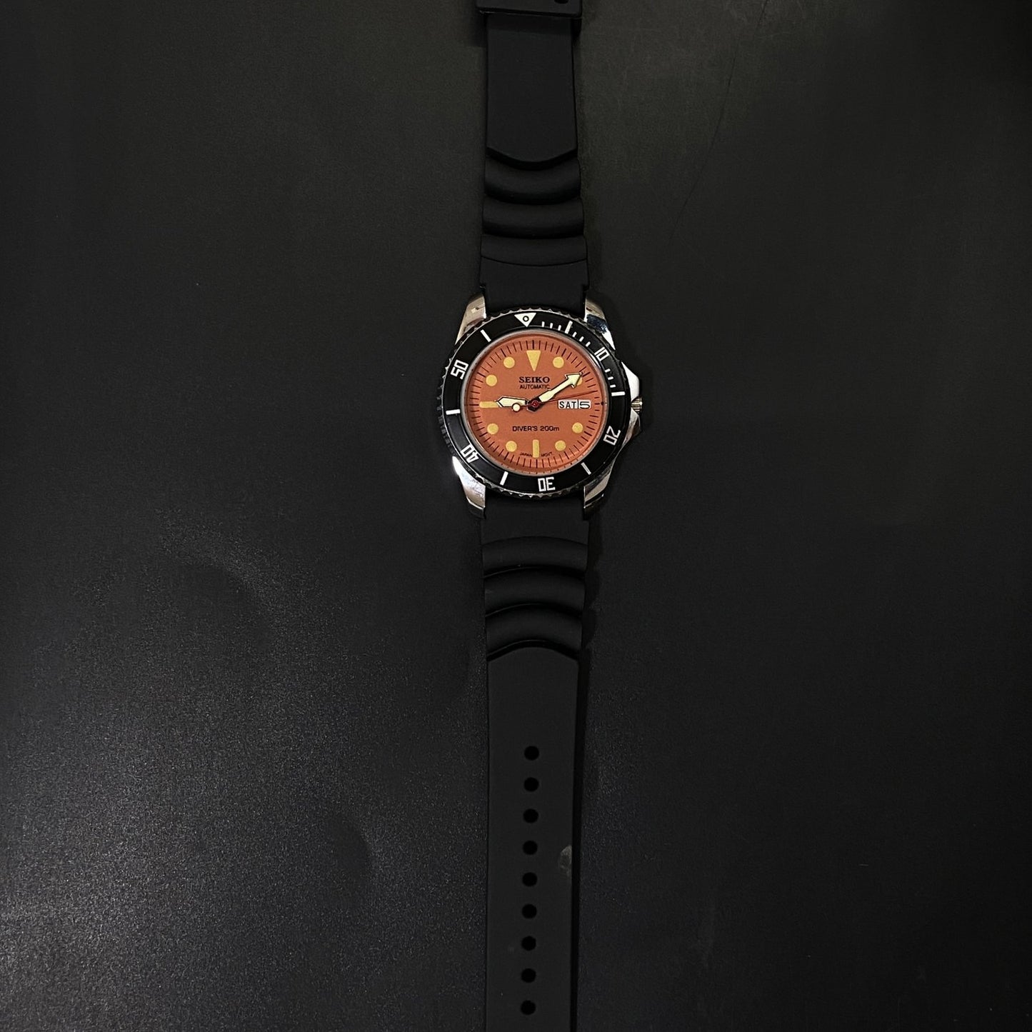 Vintage Seiko Diver Automatic Cal. 6309 17 Jewels Orange Face Black Silicone Strap Rotating Bezel Men's Wrist Watch C05