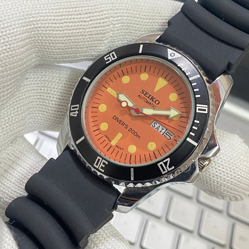 Vintage MOD Seiko Diver Automatic Cal. 6309 17 Jewels Orange Face Black Silicone Strap Rotating Bezel Men's Wrist Watch C05