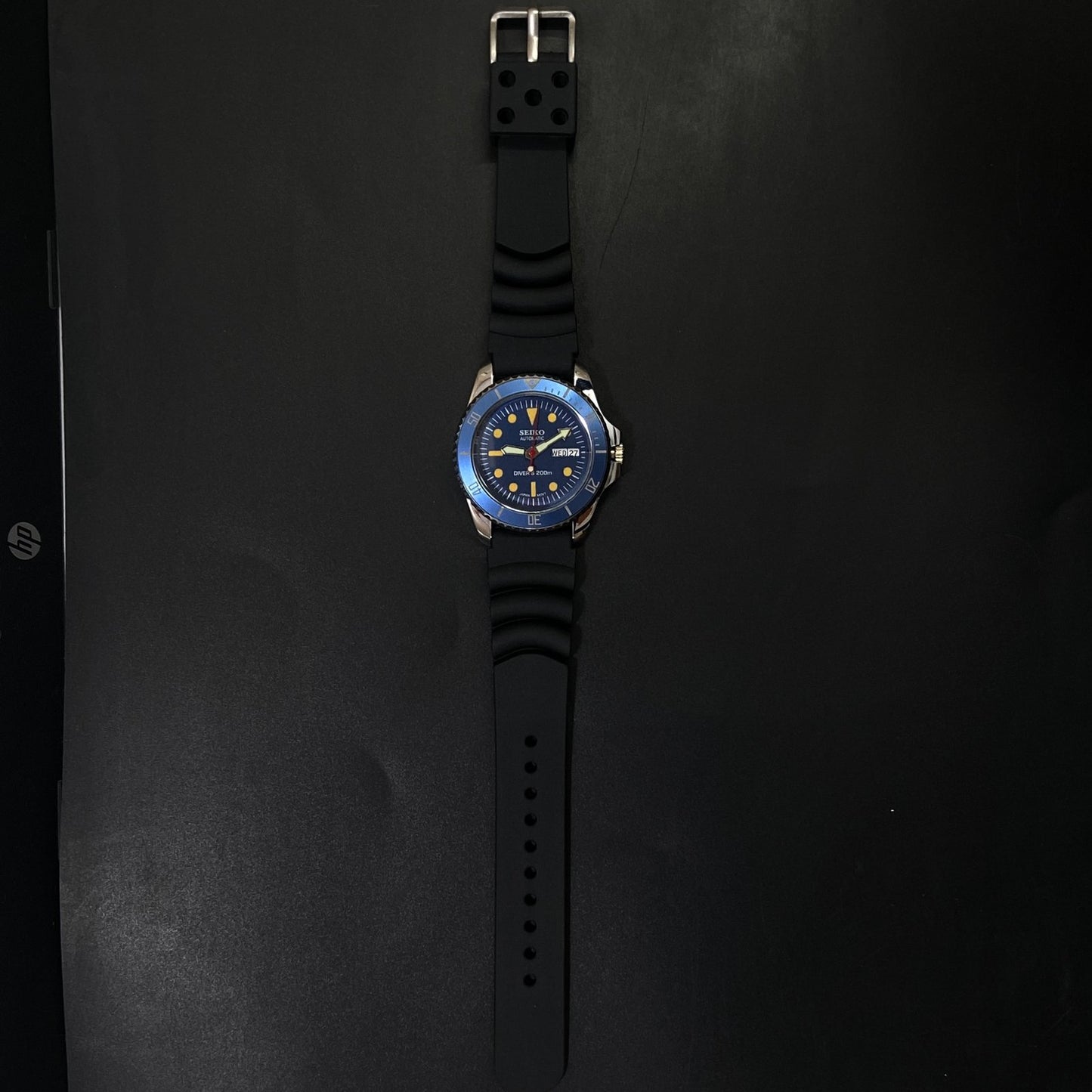 Vintage Seiko Diver Automatic Cal. 6309 17 Jewels Blue Face Black Silicone Strap Rotating Bezel Men's Wrist Watch C06