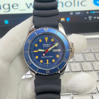 Vintage Seiko Diver Automatic Cal. 6309 17 Jewels Blue Face Black Silicone Strap Rotating Bezel Men's Wrist Watch C06