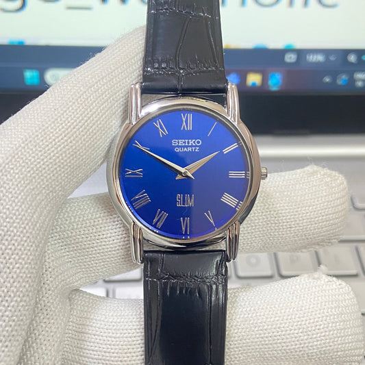 Vintage Seiko Slim Quartz Blue Face Black Croco Band Men's Wrist Watch C11