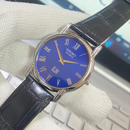 Vintage Seiko Slim Quartz Blue Face Black Croco Band Men's Wrist Watch C11