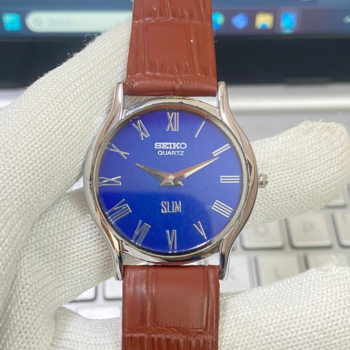 MOD Seiko Slim Quartz Blue Face Brown Band Men's Wrist Watch C13