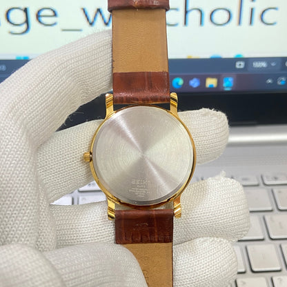 Vintage Seiko Slim Quartz Golden Face Brown Band Men's Wrist Watch C16