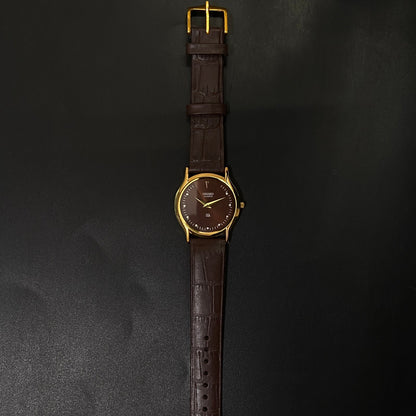 Vintage Seiko Slim quartz Brown Face Brown Band Men's Wrist Watch C17