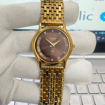 Vintage Seiko Slim Quartz Brown Face Golden Looser Chain Not Adjustable Men's Wrist Watch C18