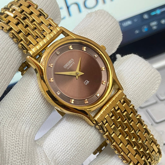 Vintage Seiko Slim Quartz Brown Face Golden Looser Chain Not Adjustable Men's Wrist Watch C18