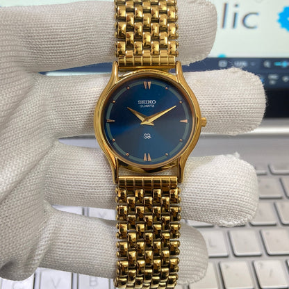 Vintage Seiko Slim Quartz Blue Face Golden Looser Chain Not Adjustable Men's Wrist Watch C19