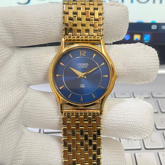 Vintage Seiko Slim Quartz Blue Face Golden Looser Chain Not Adjustable Men's Wrist Watch C20