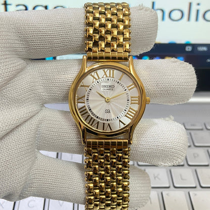Vintage Seiko Slim Quartz Silver Face Golden Looser Chain Not Adjustable Men's Wrist Watch C21