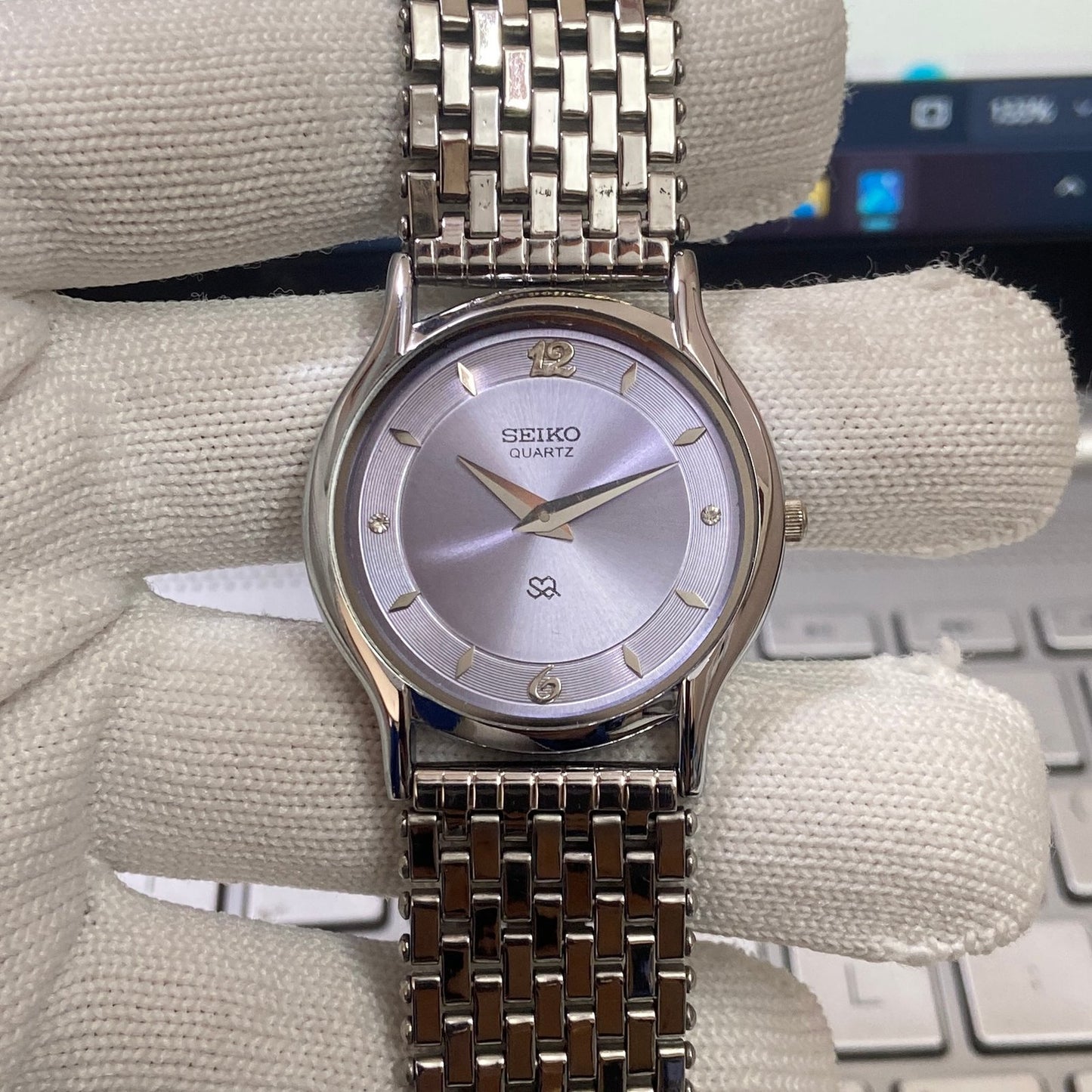 Vintage Seiko Slim Quartz purple Face Silver Looser Chain Not Adjustable Men's Wrist Watch C27