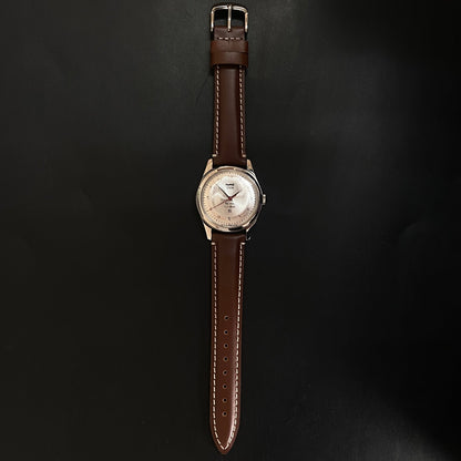 Vintage HMT Devanagari Hand Winding 17 Jewels Silver Face Brown Band Men's Wrist Watch C28