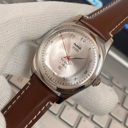 Vintage HMT Devanagari Hand Winding 17 Jewels Silver Face Brown Band Men's Wrist Watch C28