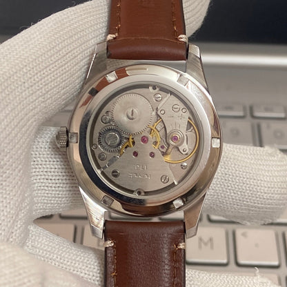 Vintage HMT Devanagari Hand Winding 17 Jewels Silver Face Brown Band Men's Wrist Watch C28