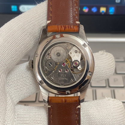 Vintage HMT Devanagari Hand Winding 17 Jewels Orange Face Brown Band Men's Wrist Watch C30