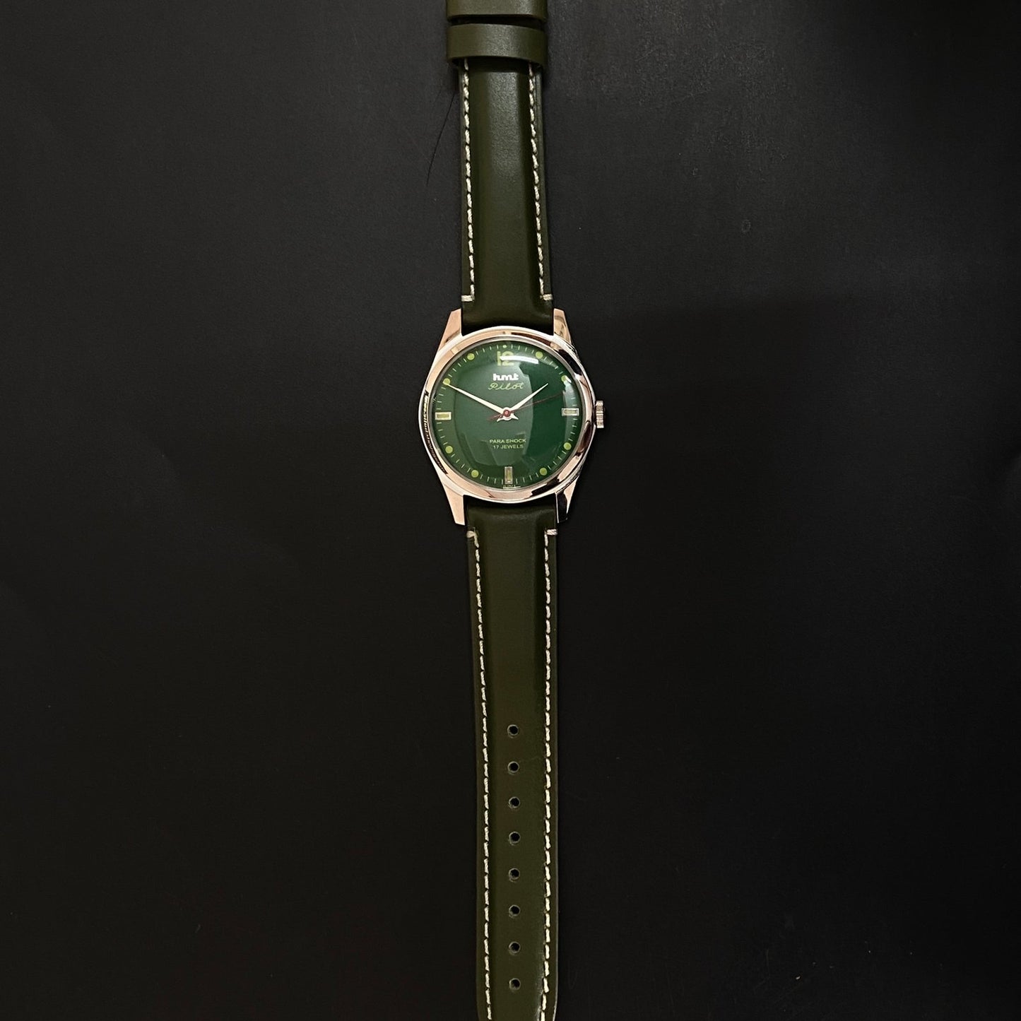 Vintage HMT Pilot Hand Winding 17 Jewels Green Face Green Band Men's Wrist Watch C42