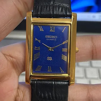 Seiko Slim Rectangular Quartz Blue Face Black Band Men's Wrist watch C43