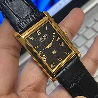 Seiko Slim Rectangular Quartz Black Face Black Band Men's Wrist watch C44