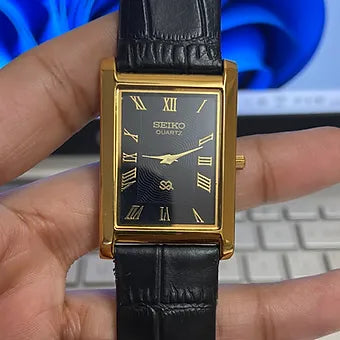 Seiko Slim Rectangular Quartz Black Face Black Band Men's Wrist watch C44