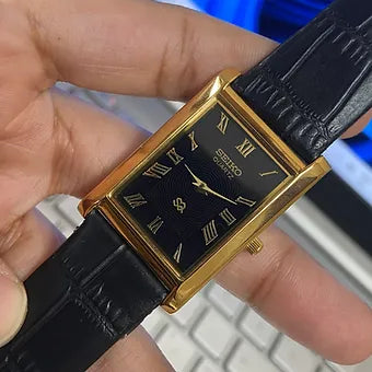 Seiko Slim Rectangular Quartz Black Face Black Band Men's Wrist watch C44