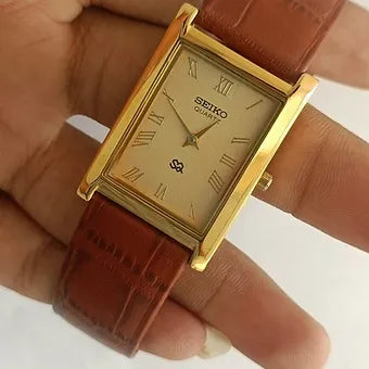 Seiko Slim Rectangular Quartz Golden Face Brown Band Men's Wrist watch C45
