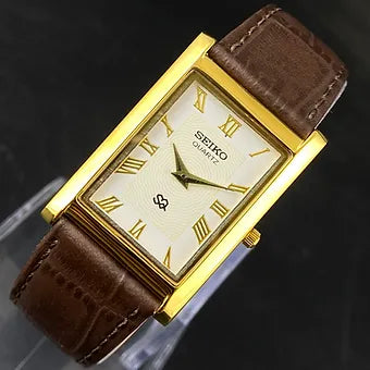 Seiko Slim Rectangular Quartz Golden Face Brown Band Men's Wrist watch C46