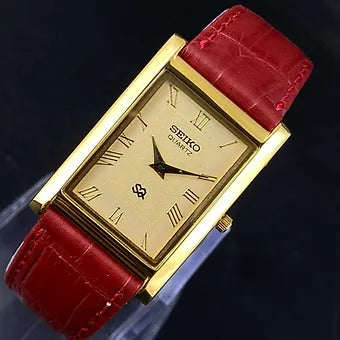 Seiko Slim Rectangular Quartz Golden Face Red Band Men's Wrist watch C47