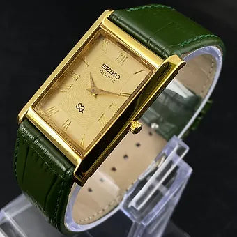 Seiko Slim Rectangular Quartz Golden Face Green Band Men's Wrist watch C50