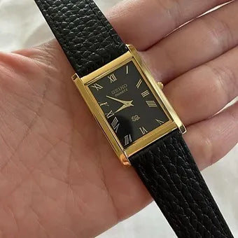 MOD Seiko Slim Rectangular Quartz Black Face Black Band Men's Wrist watch C56
