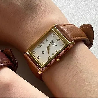 Seiko Slim Rectangular Quartz White Face Brown Band Men's Wrist watch C57