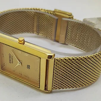 Seiko Slim Rectangular Quartz Golden Face Mesh Band Men's Wrist watch C59