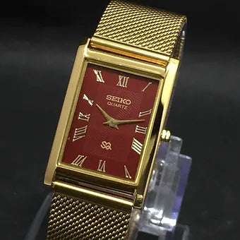 Seiko Slim Rectangular Quartz Red Face Mesh Band Men's Wrist Watch C60