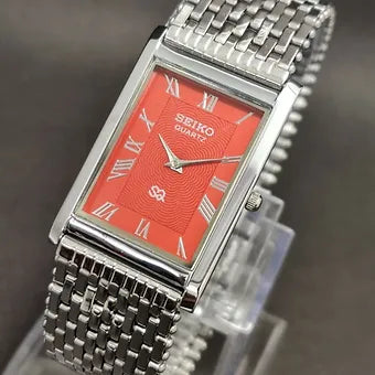 Seiko Slim Rectangular Quartz Red Face Looser Chain Not Adjustable Men's Wrist Watch C64