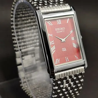 Seiko Slim Rectangular Quartz Red Face Looser Chain Not Adjustable Men's Wrist Watch C64