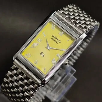 Seiko Slim Rectangular Quartz Yellow Face Looser Chain Not Adjustable Men's Wrist Watch C67
