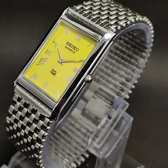 Seiko Slim Rectangular Quartz Yellow Face Looser Chain Not Adjustable Men's Wrist Watch C67
