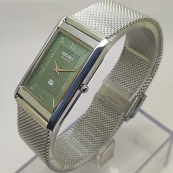 Seiko Slim Rectangular Quartz Green Face Mesh Band Men's Wrist Watch C68