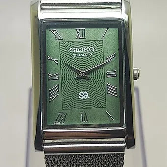 Seiko Slim Rectangular Quartz Green Face Mesh Band Men's Wrist Watch C68