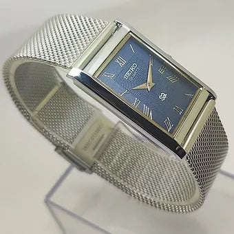 Seiko Slim Rectangular Quartz Blue Face Mesh Band Men's Wrist Watch C69