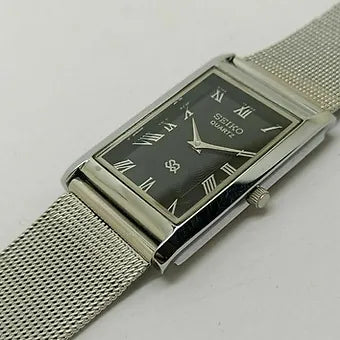 Seiko Slim Rectangular Quartz Black Face Mesh Band Men's Wrist Watch C70