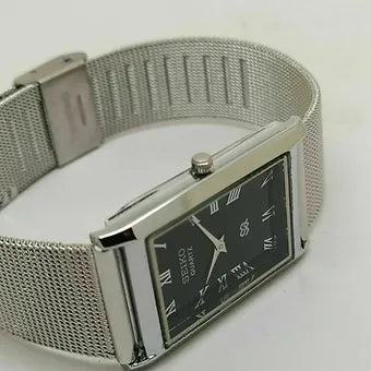 Seiko Slim Rectangular Quartz Black Face Mesh Band Men's Wrist Watch C70