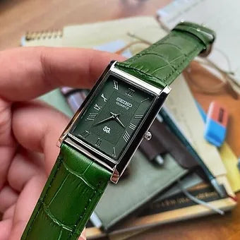Seiko Slim Rectangular Quartz Green Face Green Band Men's Wrist Watch C71