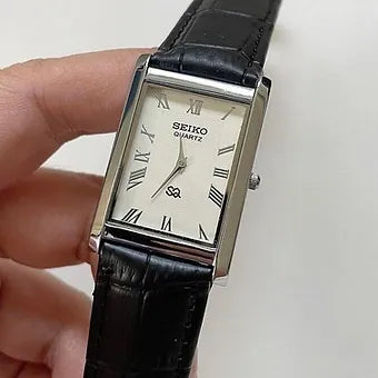 Seiko Slim Rectangular Quartz White Face Black Band Men's Wrist Watch C73
