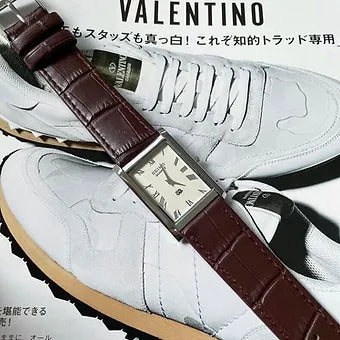 MOD Seiko Slim Rectangular Quartz White Face Cherry Band Men's Wrist Watch C74