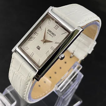 Seiko Slim Rectangular Quartz White Face White Band Men's Wrist Watch C75
